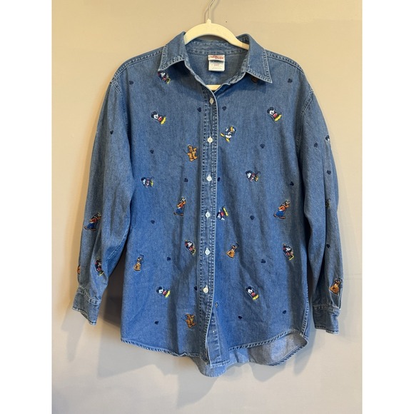 Vhtf Item 90S Vintage Embroidery All-Over Pattern Denim Shirt Mickey Friends L - Picture 1 of 4